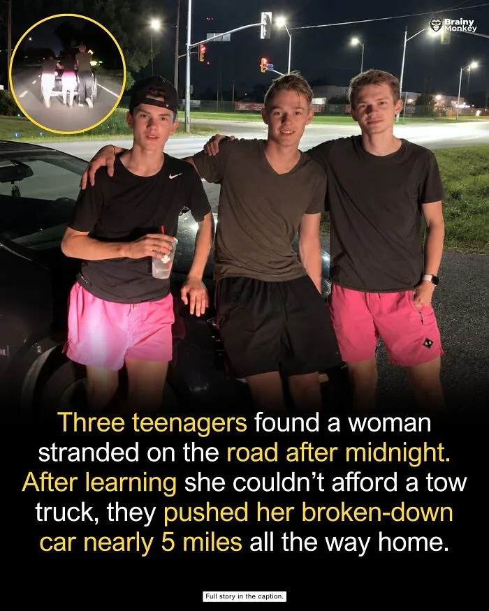Three helpful teenagers posing near a car after pushing it miles home late at night, sharing wholesome facts.