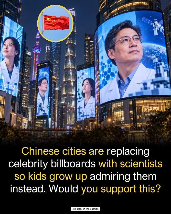 Illuminated city billboards displaying portraits of scientists in China, representing wholesome facts.