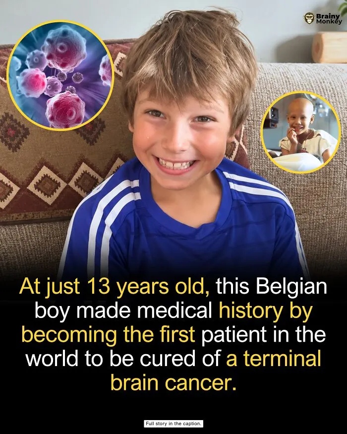 A smiling boy depicted alongside medical graphics, illustrating wholesome facts about medical history.