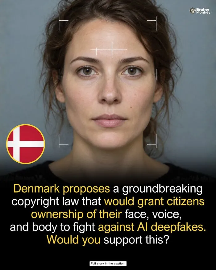 A woman's face with facial recognition crosshairs and Denmark flag icon, representing AI deepfake laws.