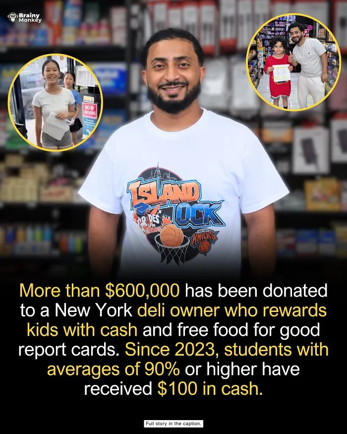Deli owner smiling in front of store shelves, featured in a collection of wholesome facts.