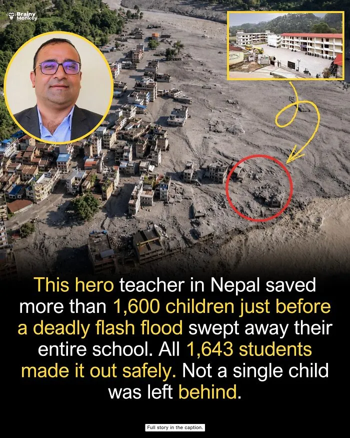 Aerial view of a flood-damaged village in Nepal alongside a teacher's portrait, illustrating wholesome facts.