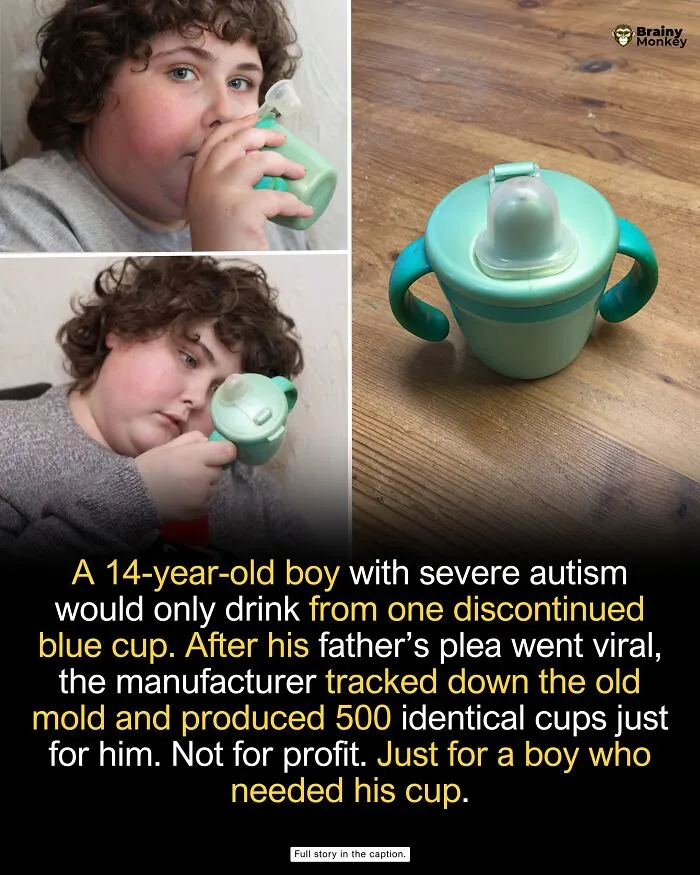 Boy drinking from a special blue cup, representing wholesome facts about kindness and compassion in the world.