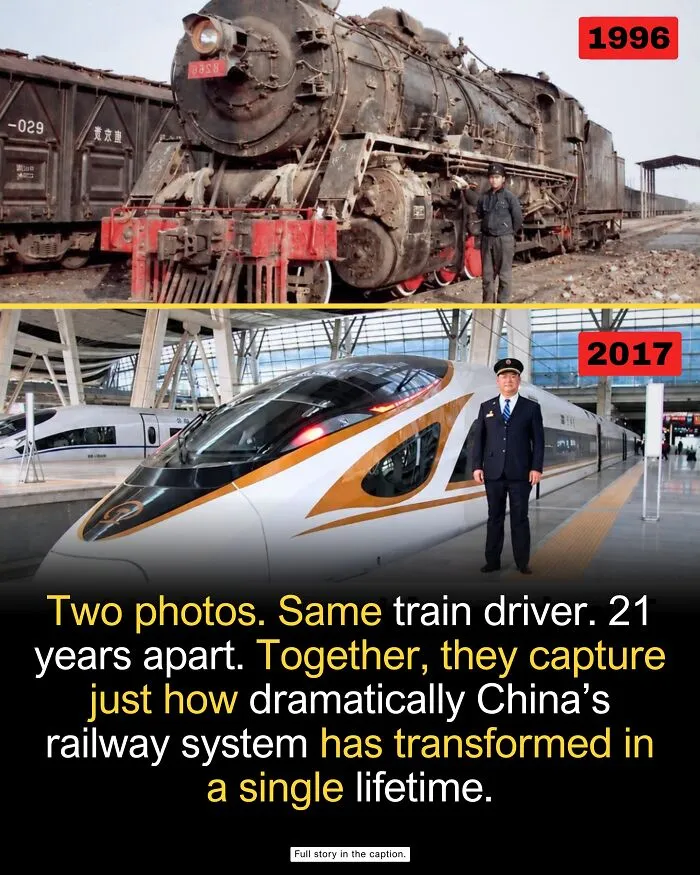 Side-by-side comparison of a train driver in 1996 and 2017, showcasing wholesome facts of progress over time.
