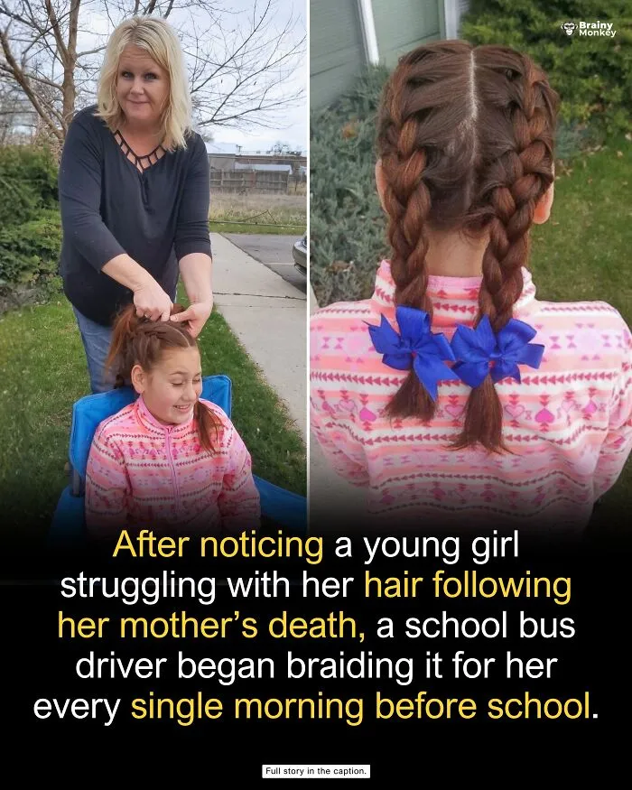 Woman braiding a young girl hair with blue bows, featured among wholesome facts that restore faith in humanity.