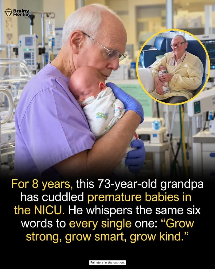 Grandpa hugging a premature baby in NICU, showcasing wholesome facts that bring warmth and positivity.