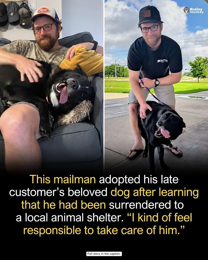 Side-by-side view of a mailman and his adopted dog, illustrating wholesome facts about kind acts.