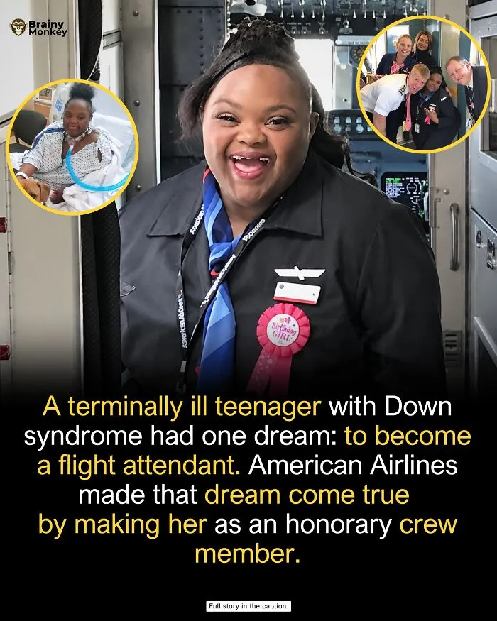 A happy young woman dressed as an honorary flight attendant, representing wholesome facts about fulfilled dreams.