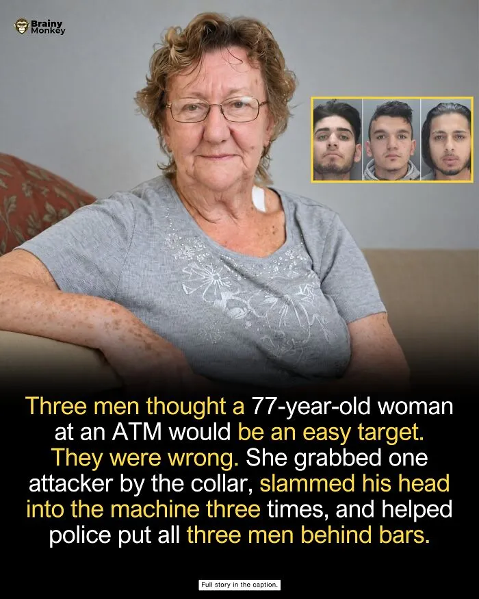 Elderly woman smiling near mugshots of attackers, highlighting wholesome facts of bravery.