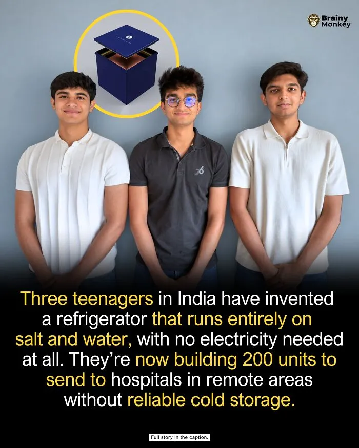 Three teenagers posing next to their non-electric refrigerator invention, representing wholesome facts.