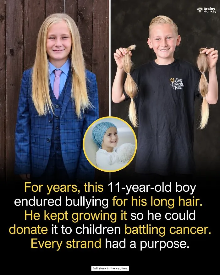 Boy holding donated long hair for cancer patients, showing wholesome facts