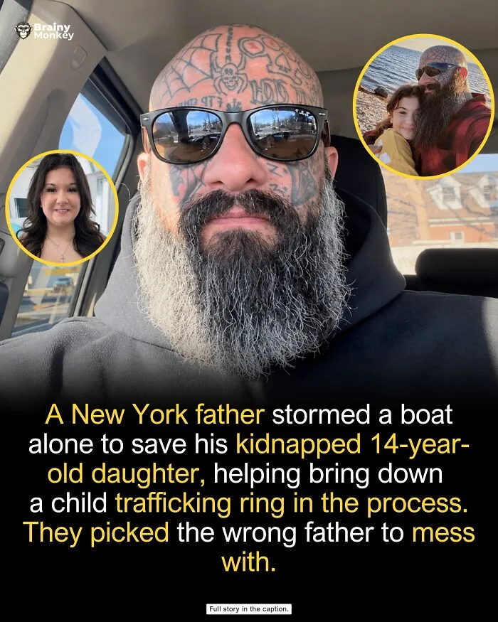 Man with head tattoos and sunglasses featured in wholesome facts post about a protective father.
