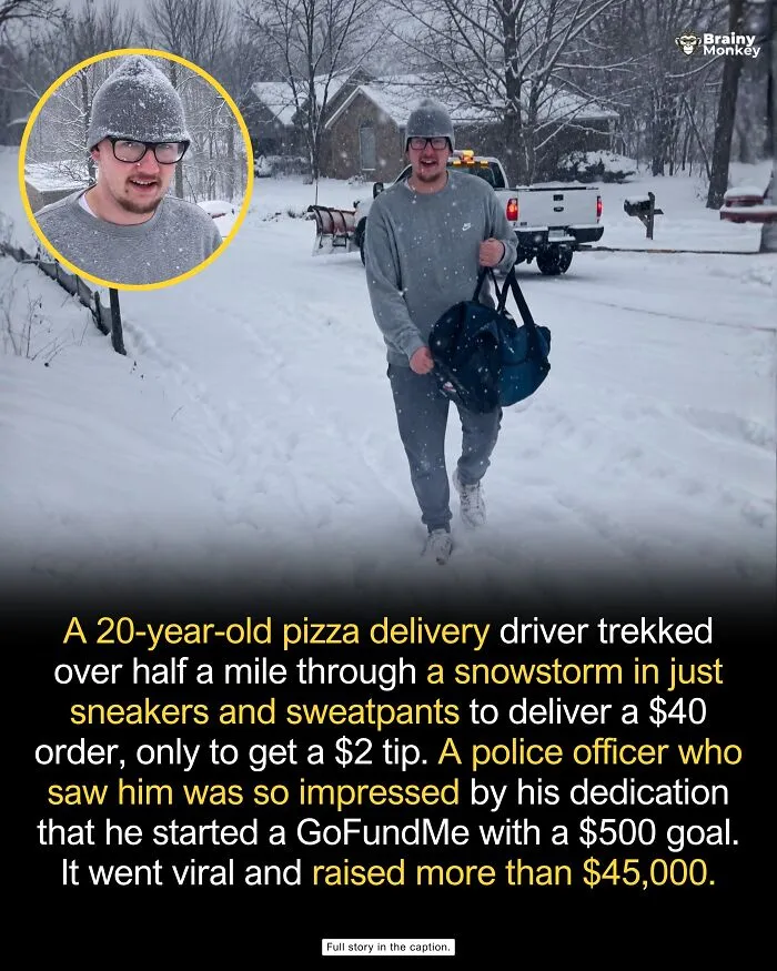 Delivery driver carrying a bag through snow, showcasing wholesome facts of dedication.