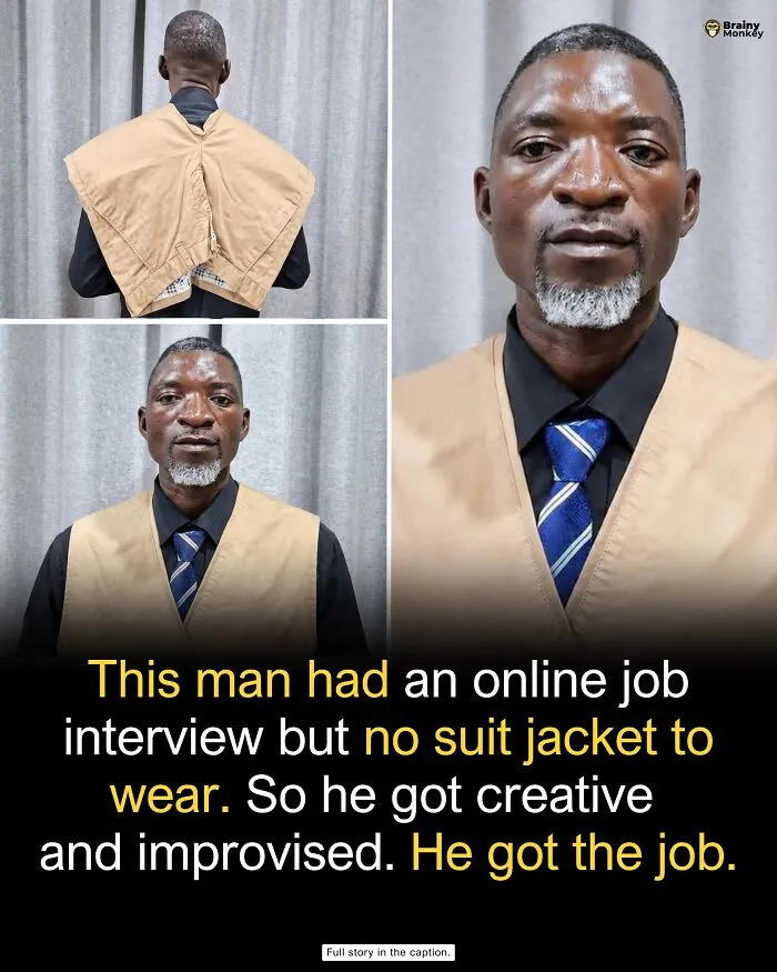 Man wearing pants as a vest for an interview, shared as part of wholesome facts online.