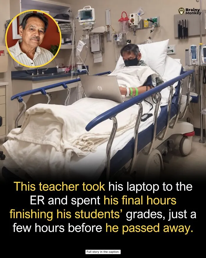 Teacher using a laptop in a hospital bed, sharing wholesome facts about dedication.
