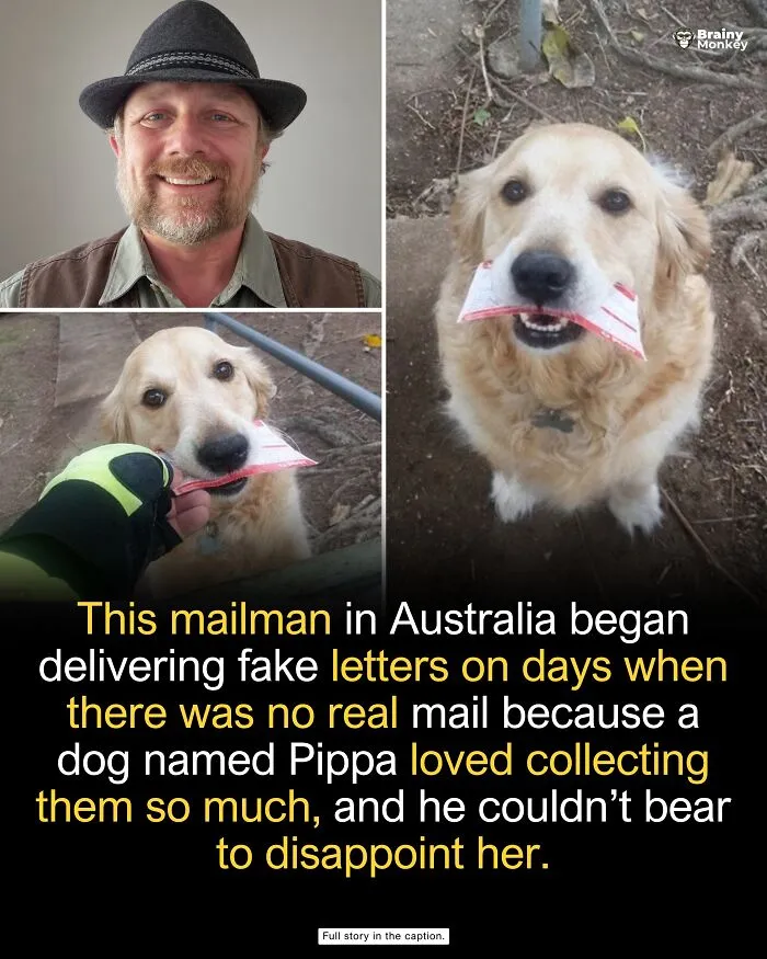 Australian mailman smiling next to a dog holding a letter, illustrating wholesome facts.