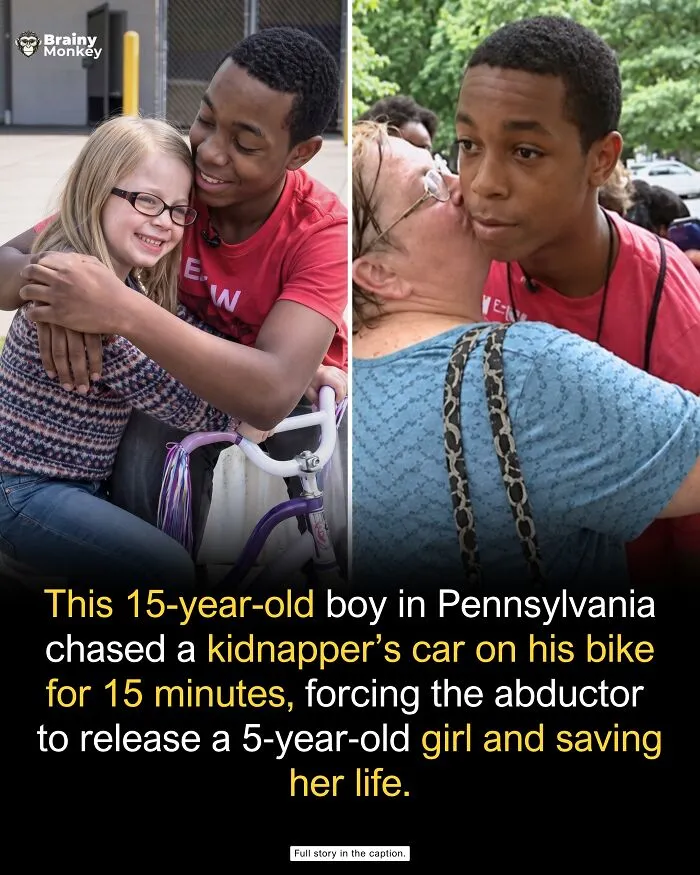 Teenage boy hugging a young girl and getting a hug, showing wholesome facts about brave human acts.