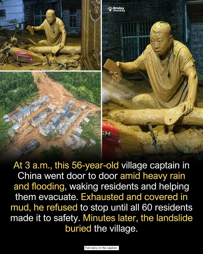 A village captain covered in mud after helping people evacuate, representing inspiring and wholesome facts.