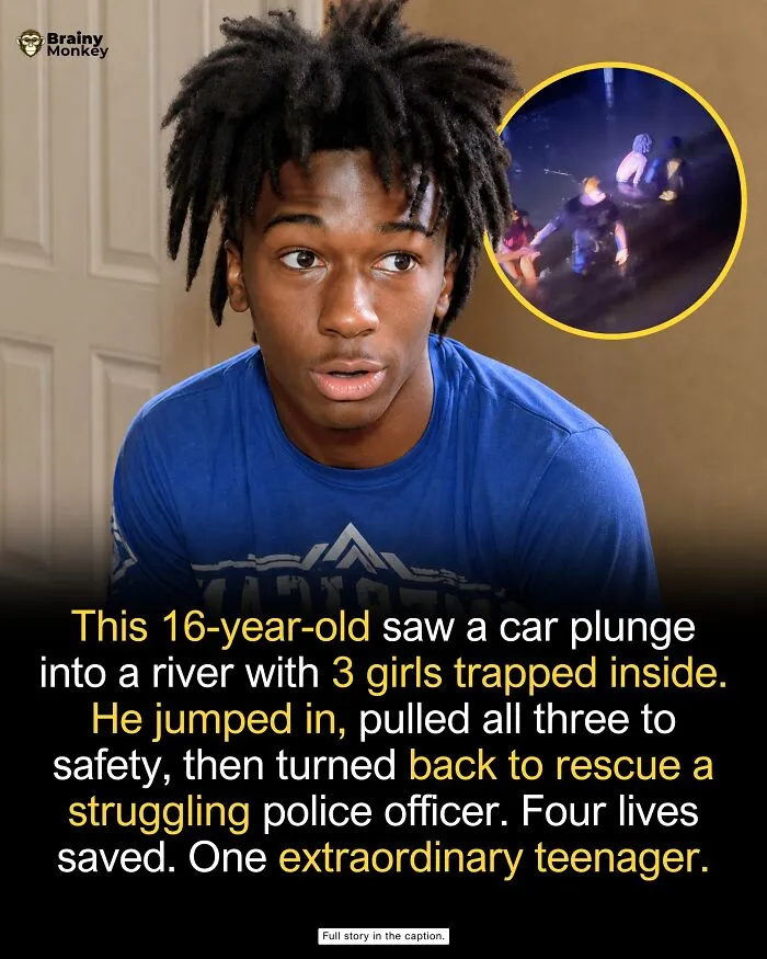A brave teenager smiling, sharing wholesome facts about heroically rescuing people trapped in a river.