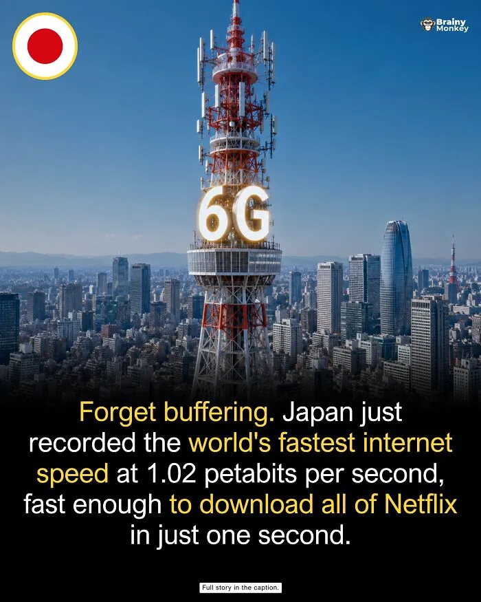 Tall communications tower with 6G text in a city, representing tech-related wholesome facts.