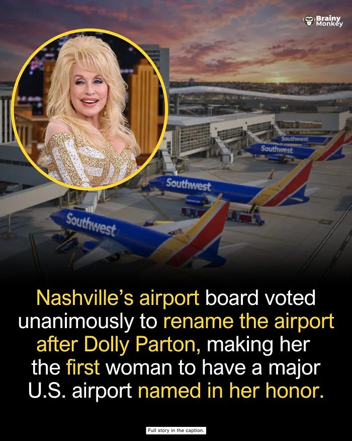 Dolly Parton portrait alongside airplanes at an airport, highlighting wholesome facts.