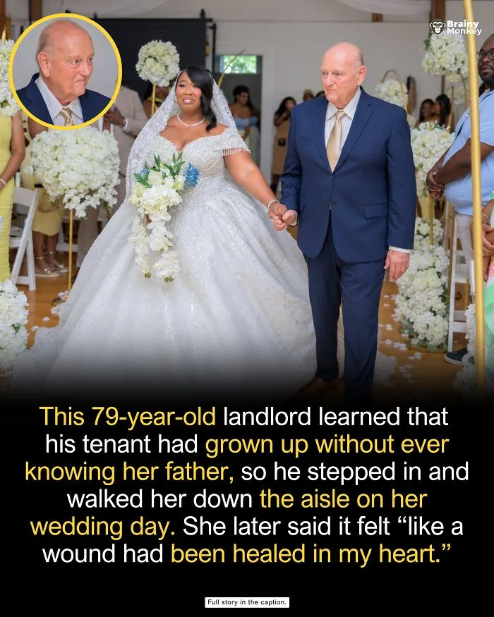 Elderly landlord walking a bride down the aisle, sharing wholesome facts of kindness.