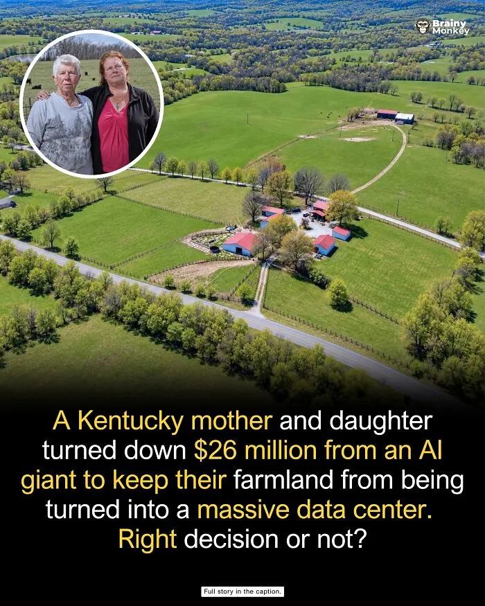 Aerial view of green farmland preserved by a family rejecting a data center deal, wholesome facts.