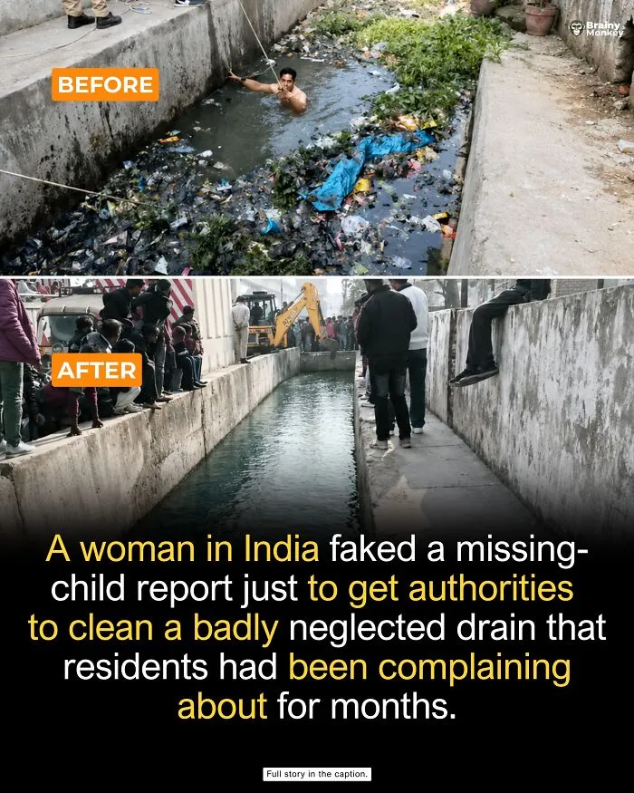 Before and after images of a dirty drain cleaned by authorities in India, wholesome facts.