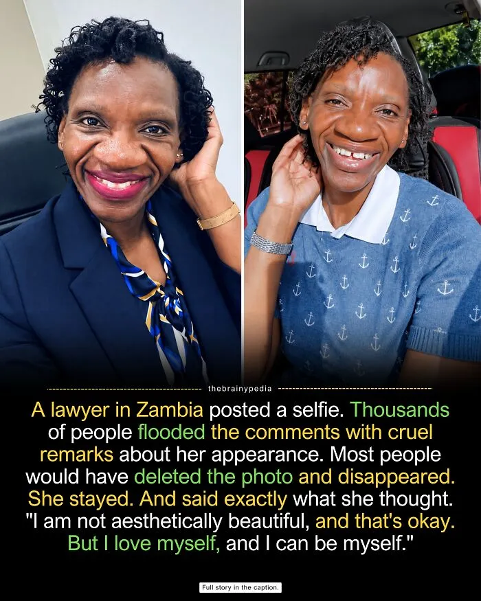 Female lawyer smiling in two photos sharing an empowering self-love message, wholesome facts.