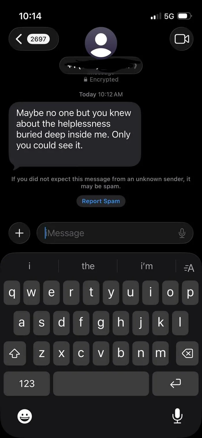 Screenshot of a dramatic wrong number text message sent by an unknown sender on a smartphone screen.