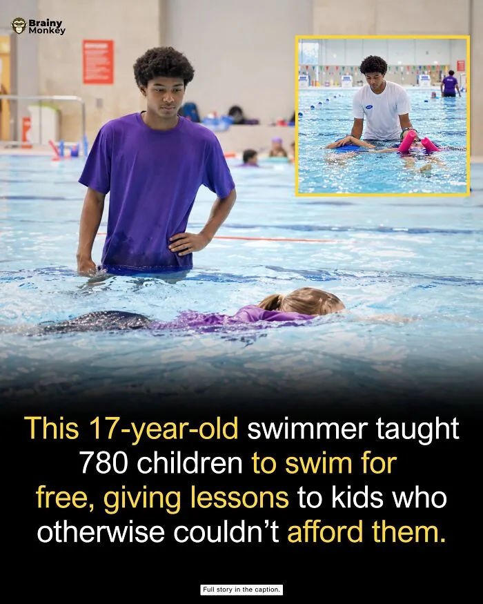 Teen swimming instructor providing free swim lessons to children in a public pool, wholesome facts.