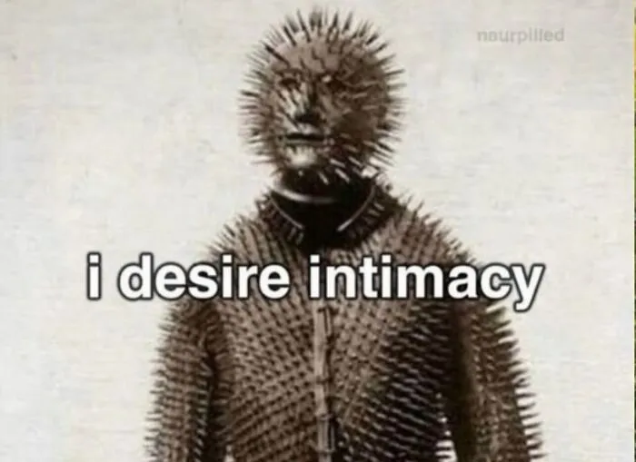 Relatable memes depicting a figure covered in sharp spikes with the caption i desire intimacy.