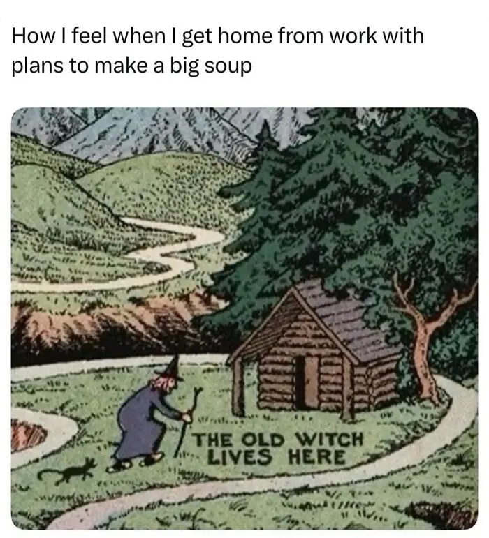 Illustration of a witch cottage representing relatable memes about making soup.