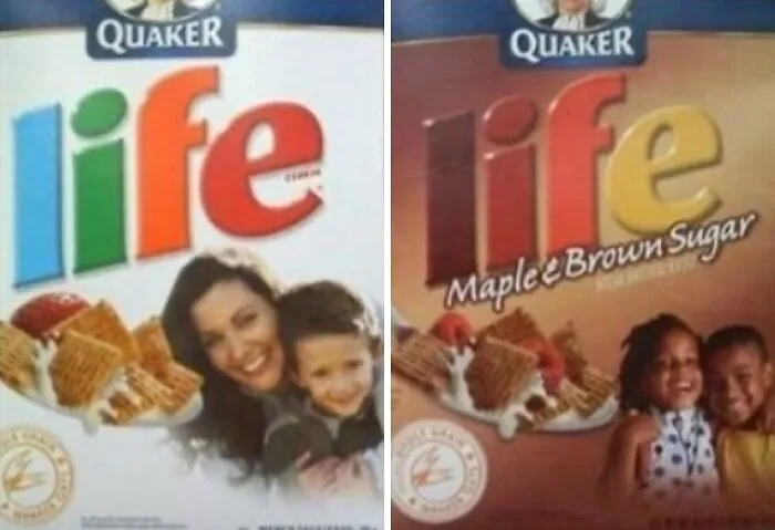 Two Life cereal boxes showing confused packaging fails with mixed up flavor artwork.