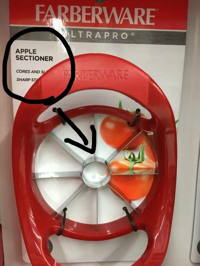 Packaging for an Apple Sectioner displaying a picture of tomatoes, an amusing packaging fail