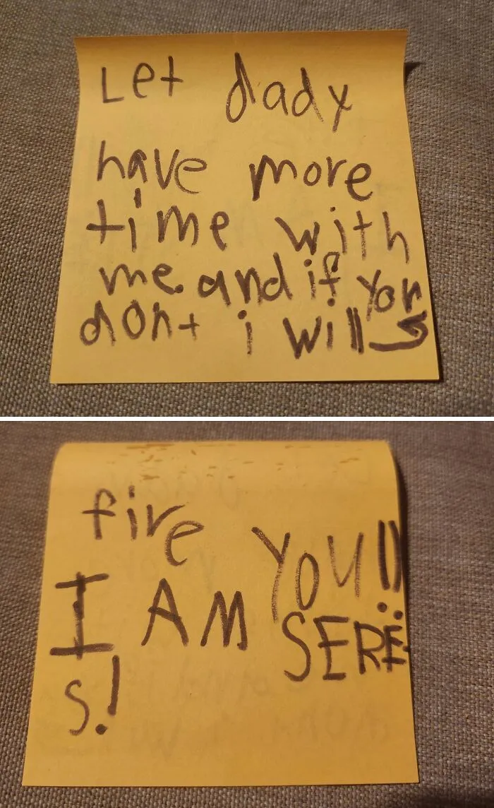 A handwritten note on yellow sticky paper showing a child demands for fatherhood time.