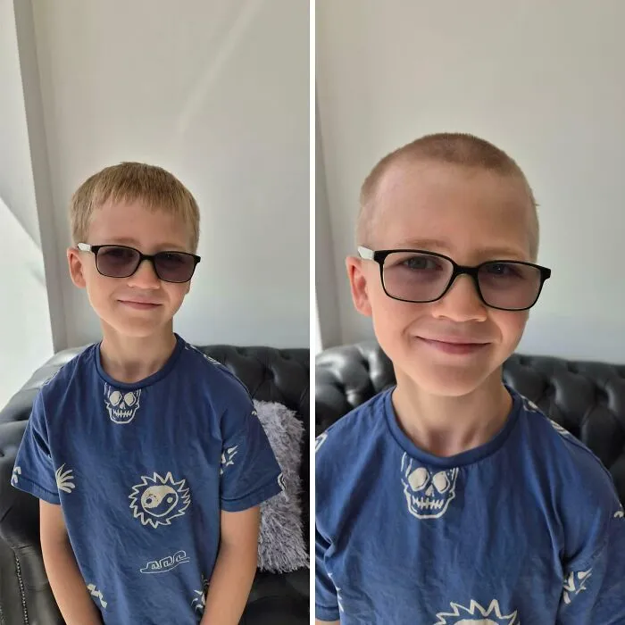 Before and after photos of a young boy getting a haircut, showing supportive dads nailing fatherhood.