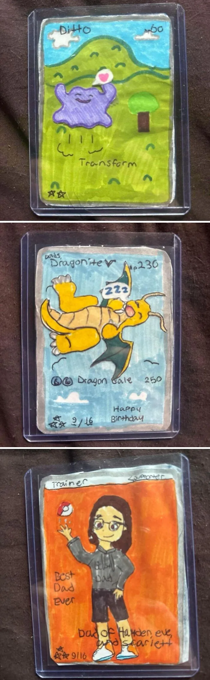 Three hand-drawn Pokemon trading cards made as a gift, featured in wholesome pics of dads.
