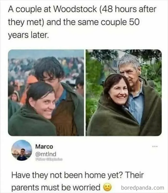 Side-by-side comparison of a couple at Woodstock and 50 years later, shared as wholesome memes.