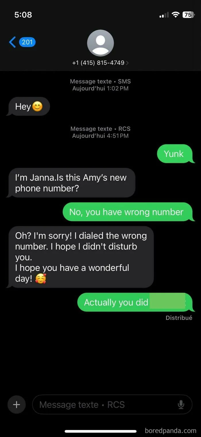 Screenshot of wrong number texts where someone apologizes for dialing the wrong person.
