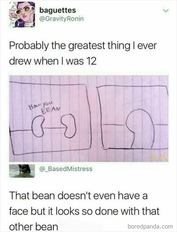 Childhood drawing of two beans talking in a funny wholesome meme about simple humor.