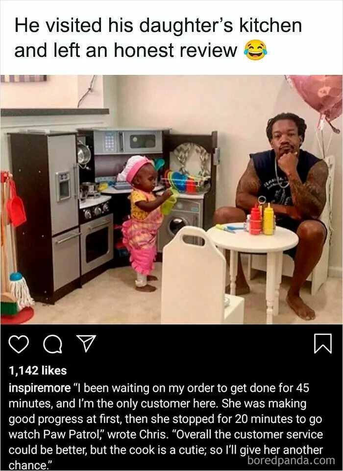 Wholesome memes showing a dad leaving a funny review for his daughter in her toy kitchen
