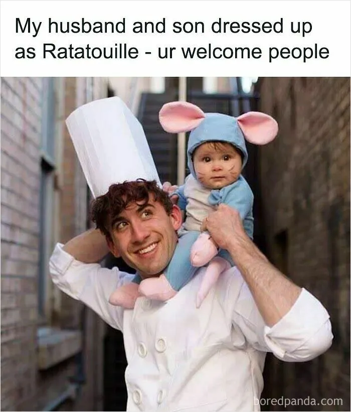 A father and baby in a Ratatouille costume in one of these wholesome memes.