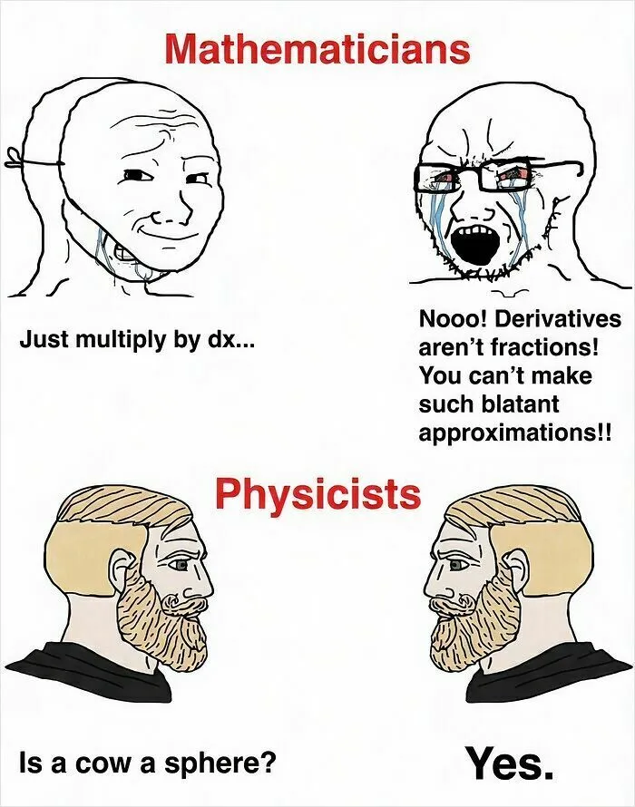 Funny meme comparing mathematicians and physicists making simple approximations in physics posts.