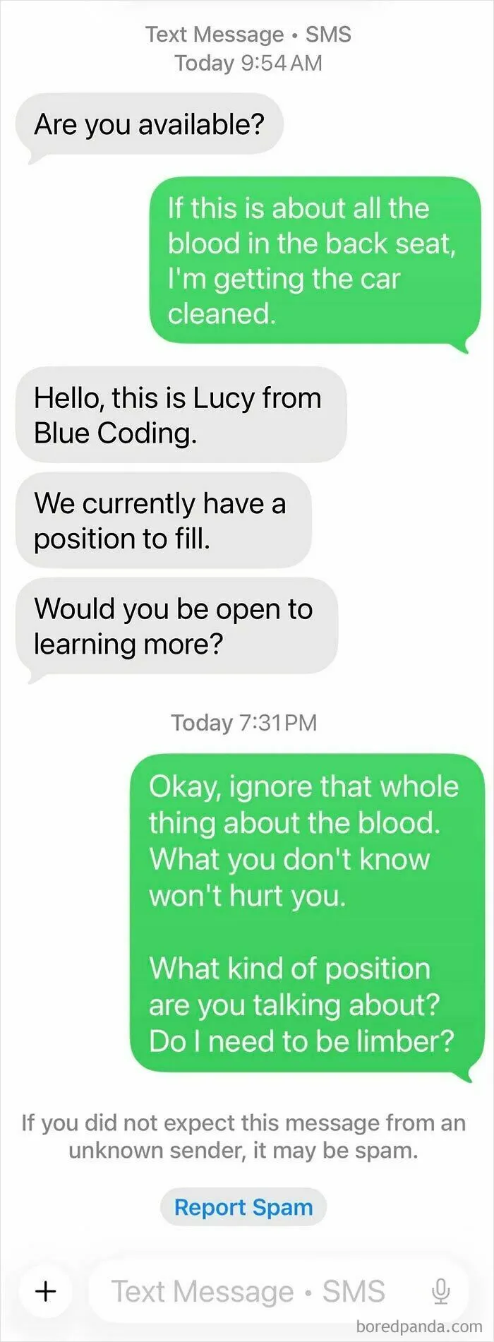 Screenshot of a humorous wrong number text conversation responding to a job offer with a bizarre joke.