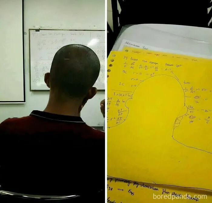 Student drawing a silhouette of a classmate during class, featured in amusing physics posts