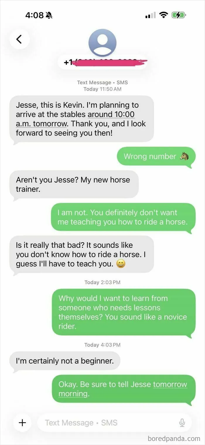 Funny wrong number texts about horse riding lessons between strangers