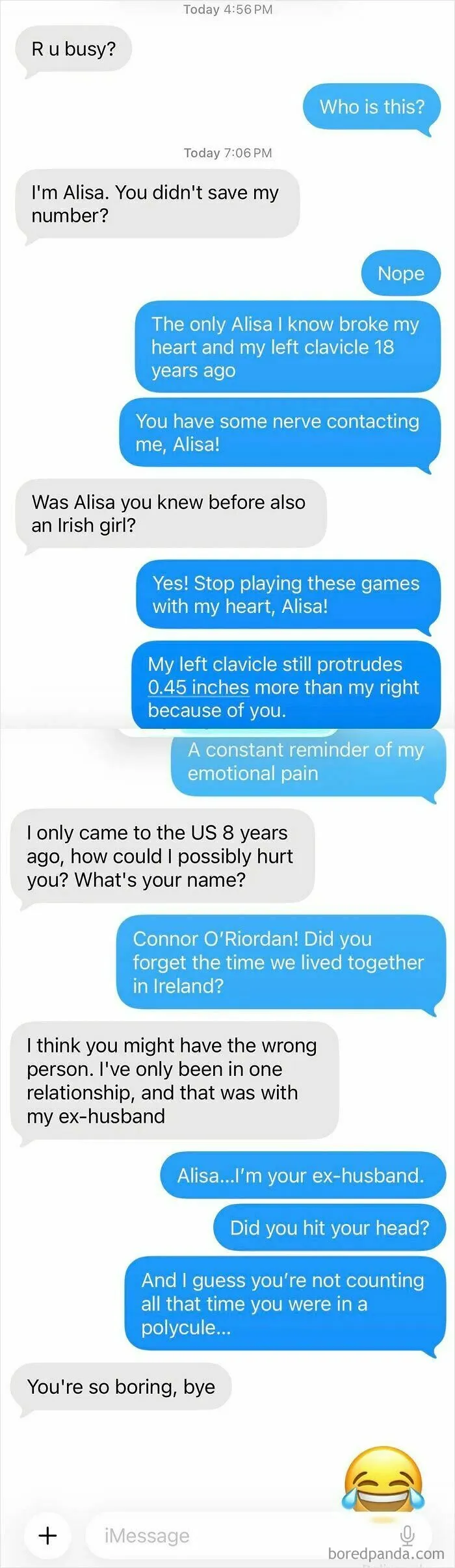 Funny text thread involving wrong number texts and a fake story about exes.
