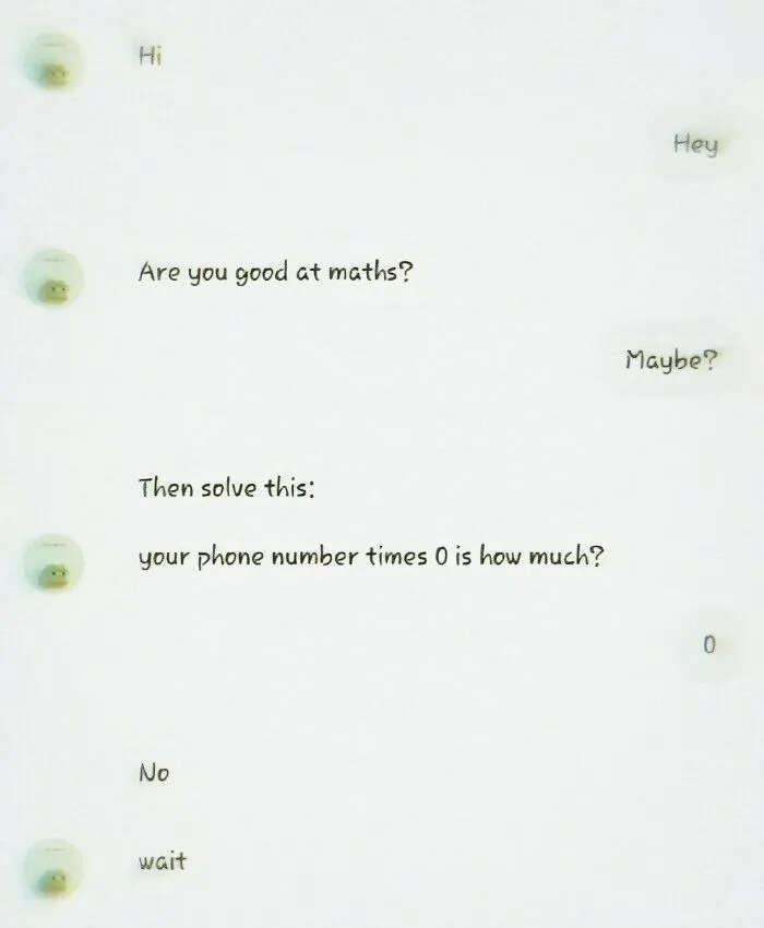 A funny text message joke about multiplying a phone number by zero in an amusing physics post.