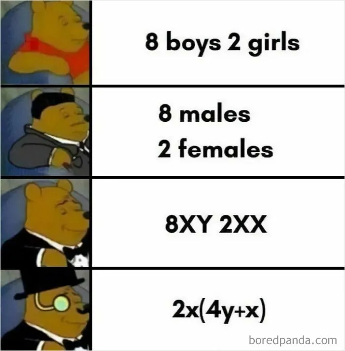 An amusing physics posts meme featuring Winnie the Pooh depicting algebraic simplification steps.